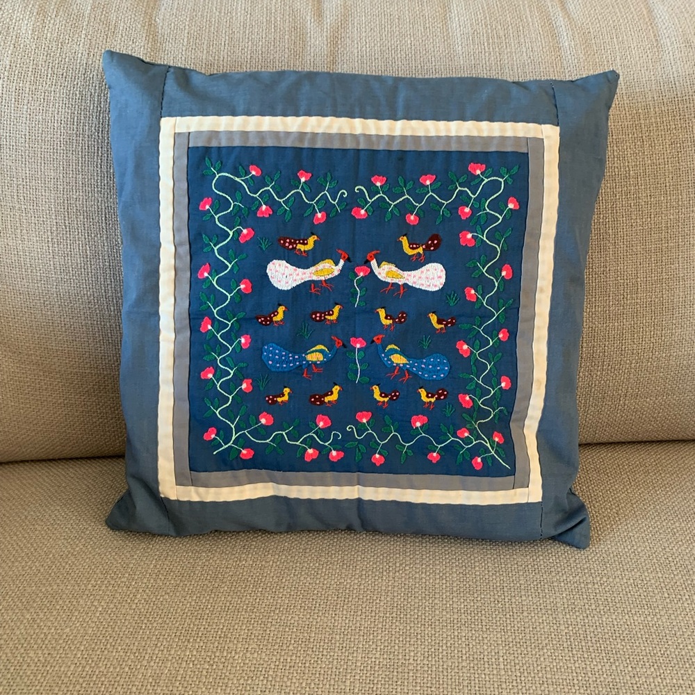 Vintage Hmong Story Cloth Pillow Handstitched Bird Scene